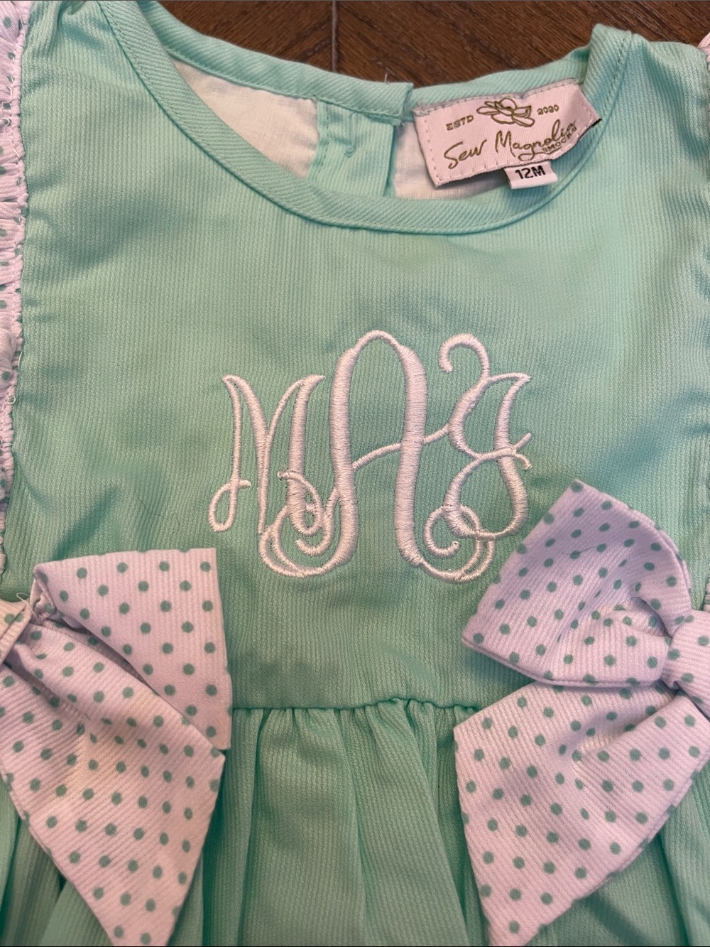 Sew Magnolia Mint Green Ruffle Top & Gingham Bloomer Monogrammed set MAJ - Picture 3 of 5